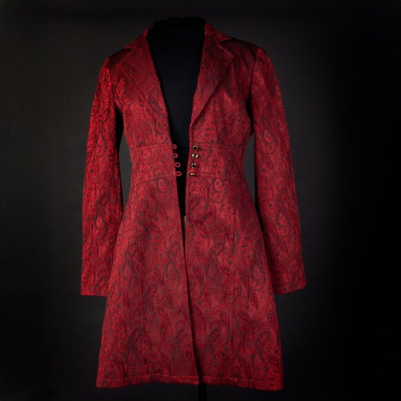 BISOU BISOU Paisley Blazer Jacquard Brocade Fitted Long Coat Dress 90s Red 8 - Picture 7 of 13